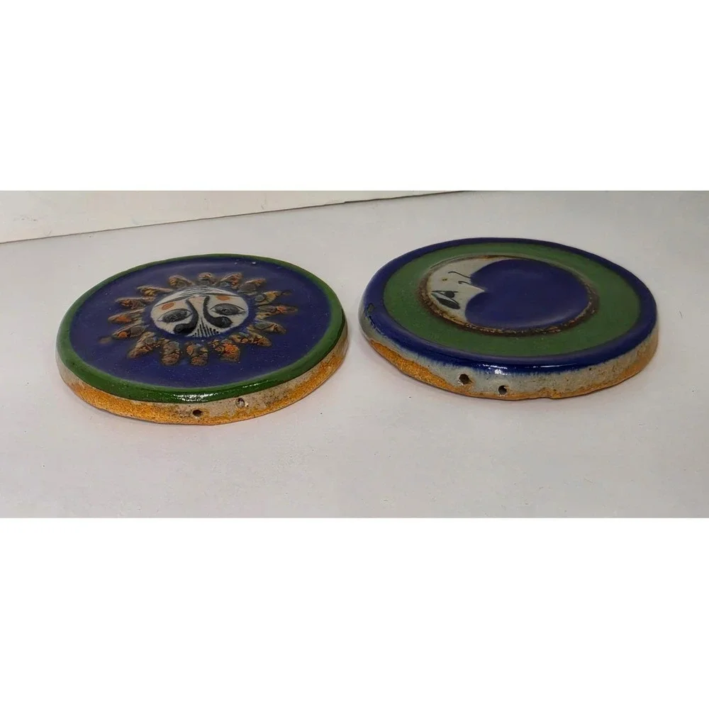 Mexican Stoneware Sun Moon Set Hand Painted Ornament Tile Celestial Y2K Aztec
